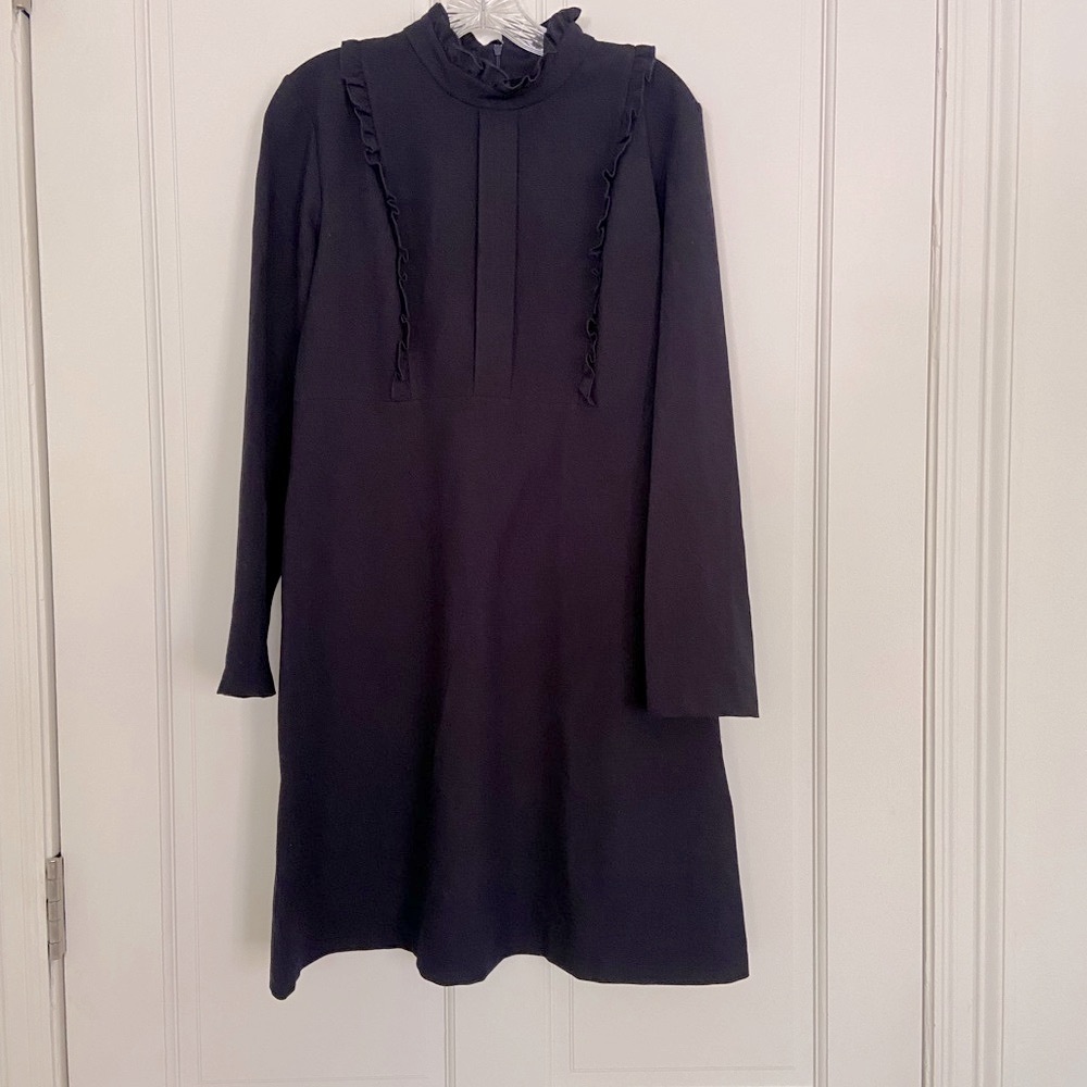 Erika Lang Crepe Navy Mock Neck A-Line Long Sleeve Dress, L